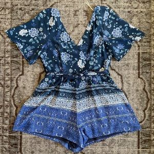 Altar’d State Blue Paisley Faux-wrap Romper